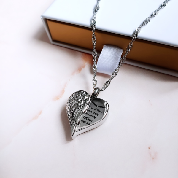 Engraved Cremation Ashes Angel Wing Heart Urn Necklace Silver - Image 2