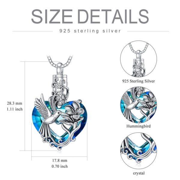 Hummingbird Ashes Urn Necklace 925 Sterling Silver & Blue Crystal - Image 2