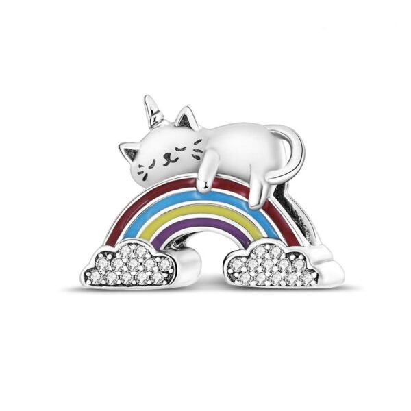925 Sterling Silver Unicorn Cat And Rainbow Charm